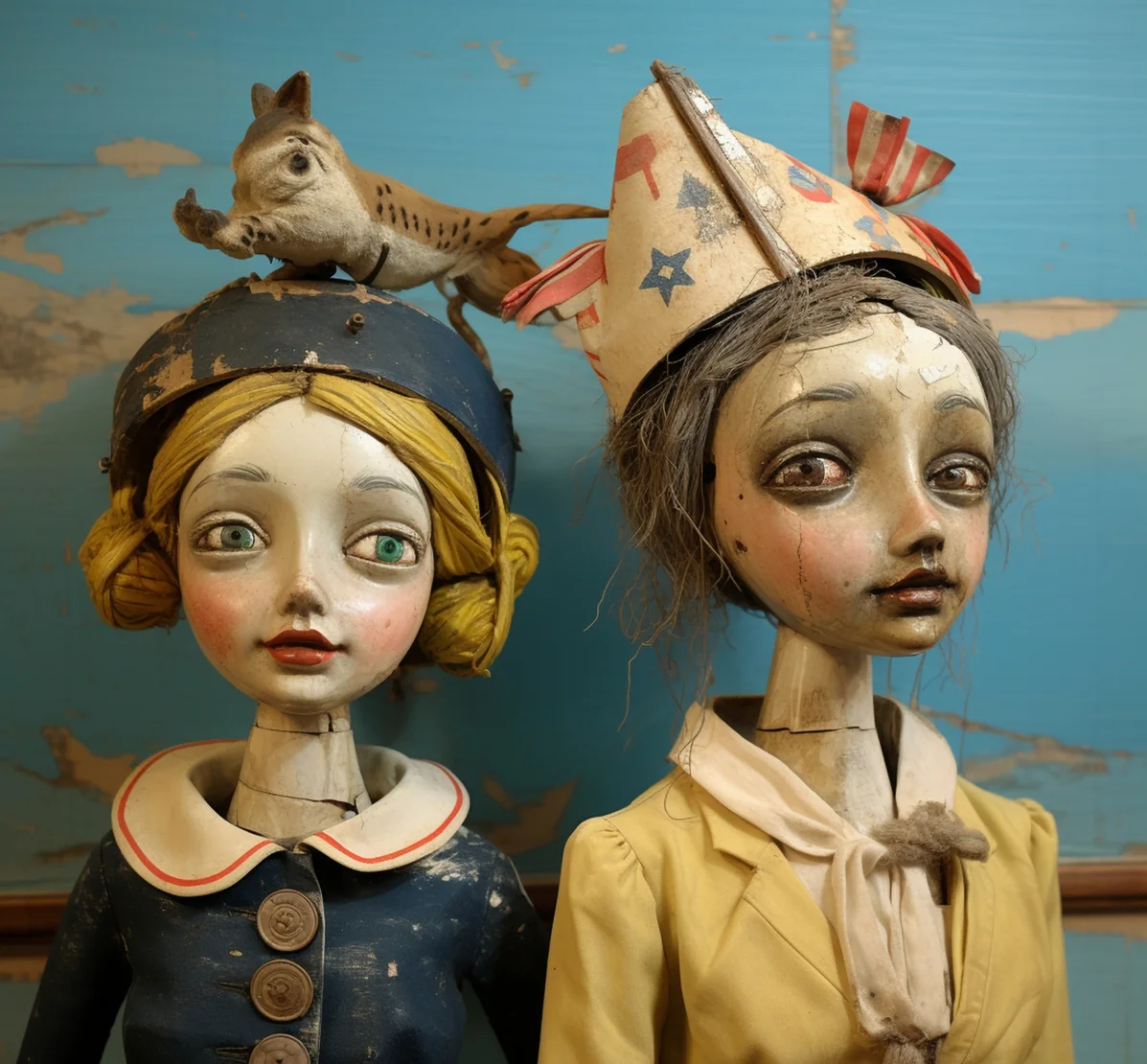 Deux marionnettes artisanales au style vintage