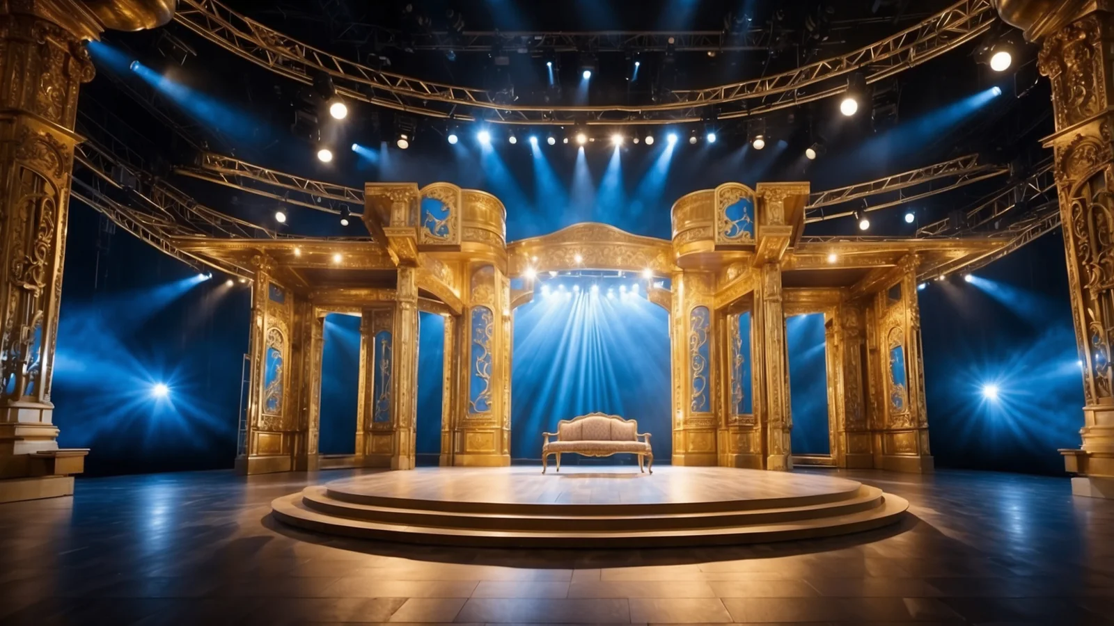 Scène de théâtre éclairée, décor doré et faisceaux lumineux